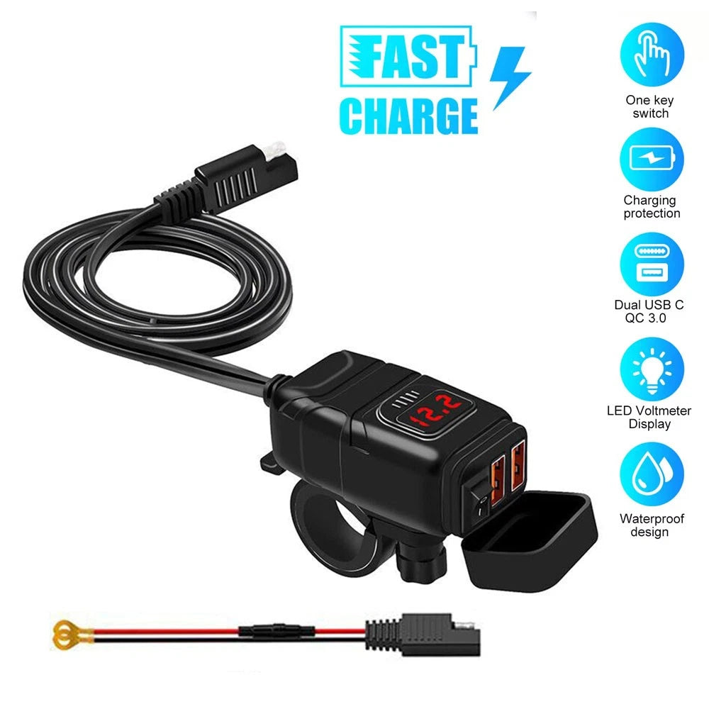 Dual USB Fast Charger Adapter for Motorcycle (LED, Waterproof)