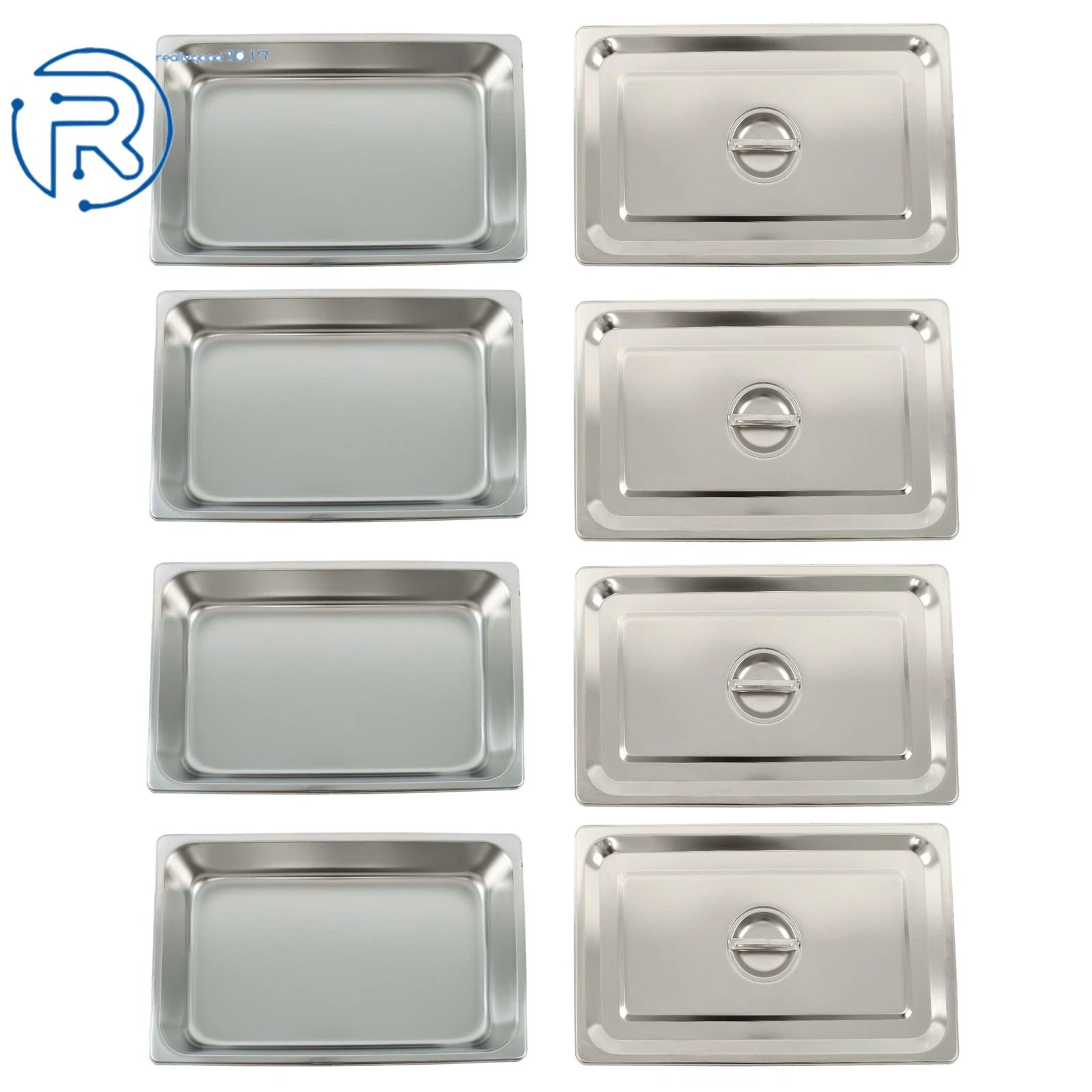 Set of 4 Full Size Hotel Pans 4" Deep with Lids Stainless Steel