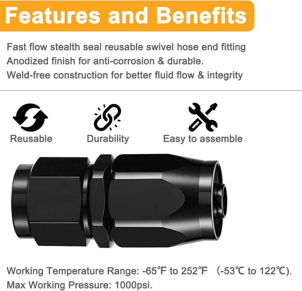 AN8 Straight Swivel Hose End Fitting for Fuel Lines - Black Aluminum Seal