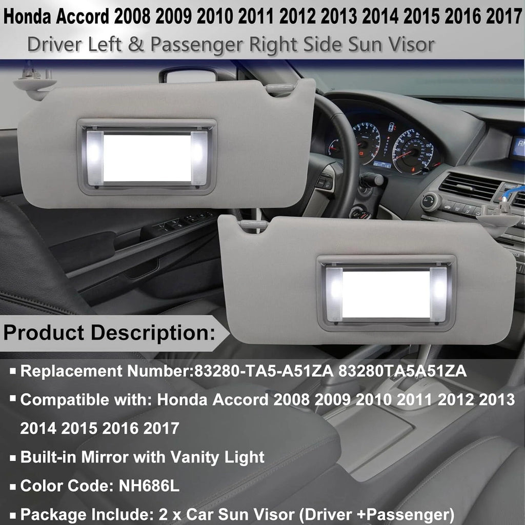 Pair Sun Visor w/LED Light Mirror for Honda Accord (2008–2017) 83280-TA5-A51ZA