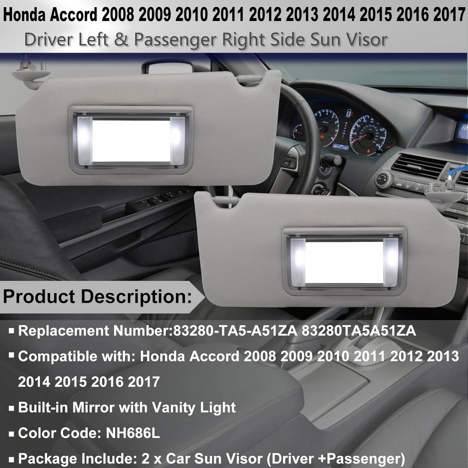 Pair Sun Visor w/LED Light Mirror for Honda Accord (2008–2017) 83280-TA5-A51ZA