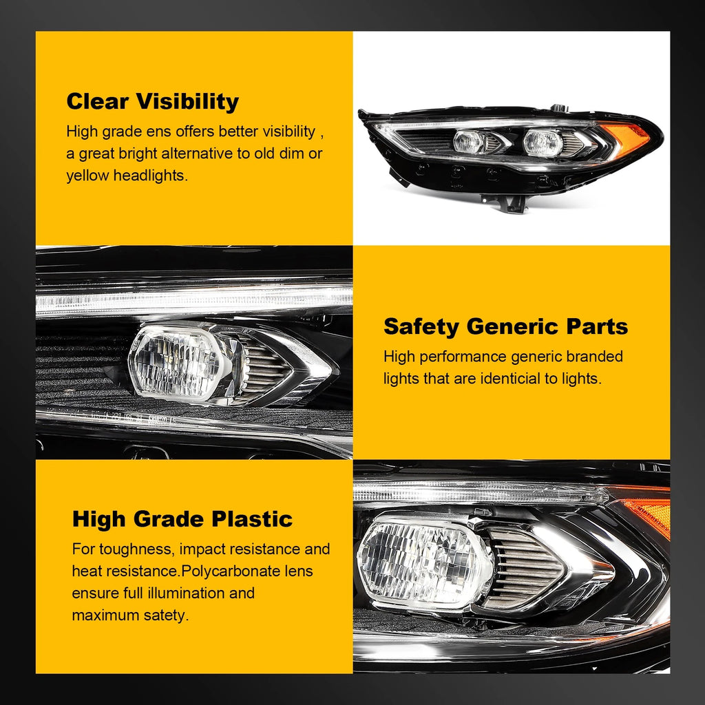 Left Driver Side Full LED Black Amber Headlight for Ford Fusion (2017–2020)