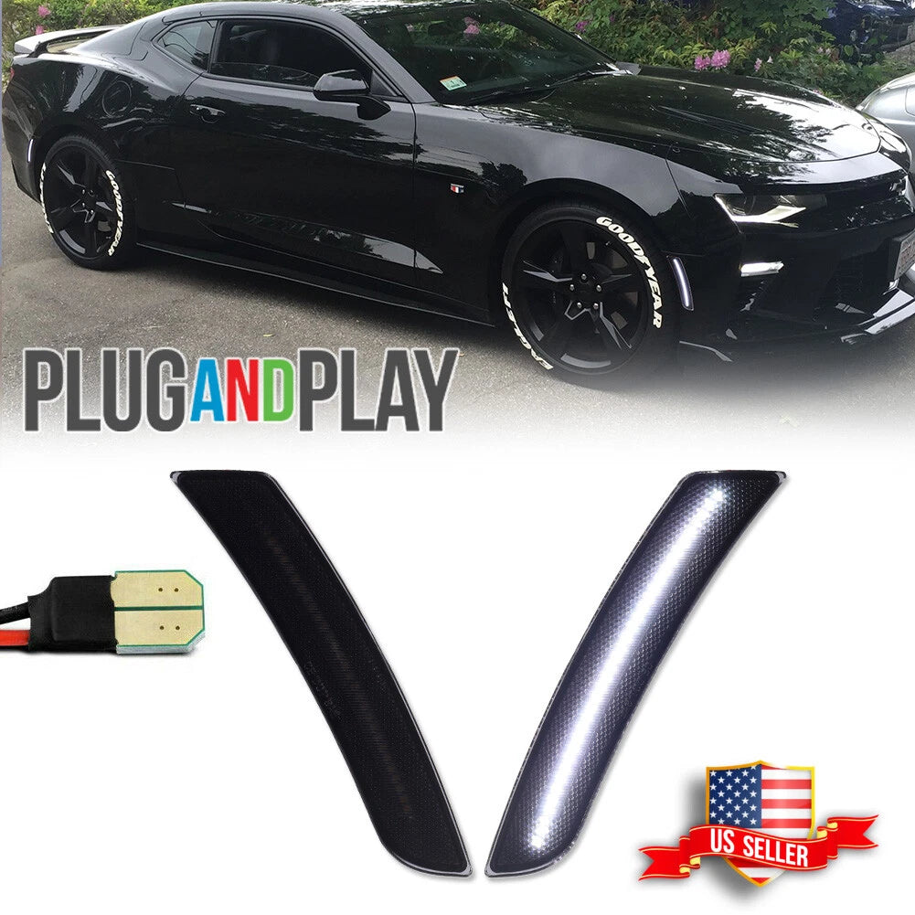 2X Smoke Lens White LED Side Marker Lights for Chevy Camaro (2016–2023)