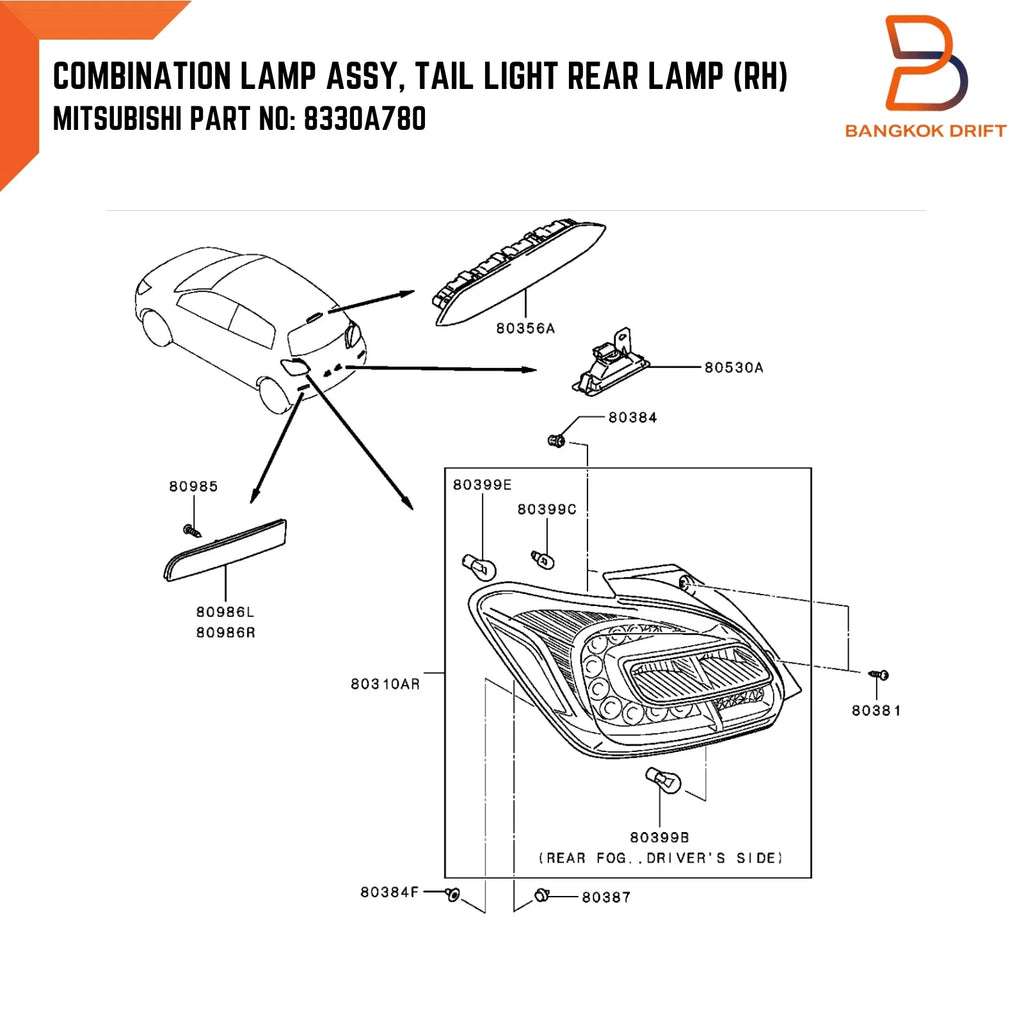 Right Rear Tail Lamp Light for Mitsubishi Mirage Hatchback (2012-2017)