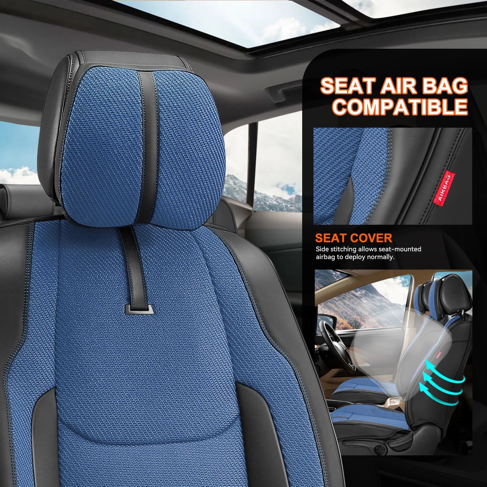 Set of 2 Universal Seat Covers for Cars (1st & 2nd Row) - Blue
