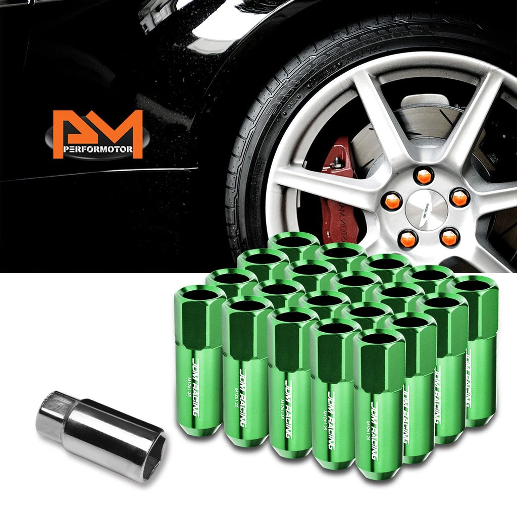 20Pc M12X1.25 Green JDM Open-End Acorn Hex Wheel Lug Nuts + Extension 25mmx60mm