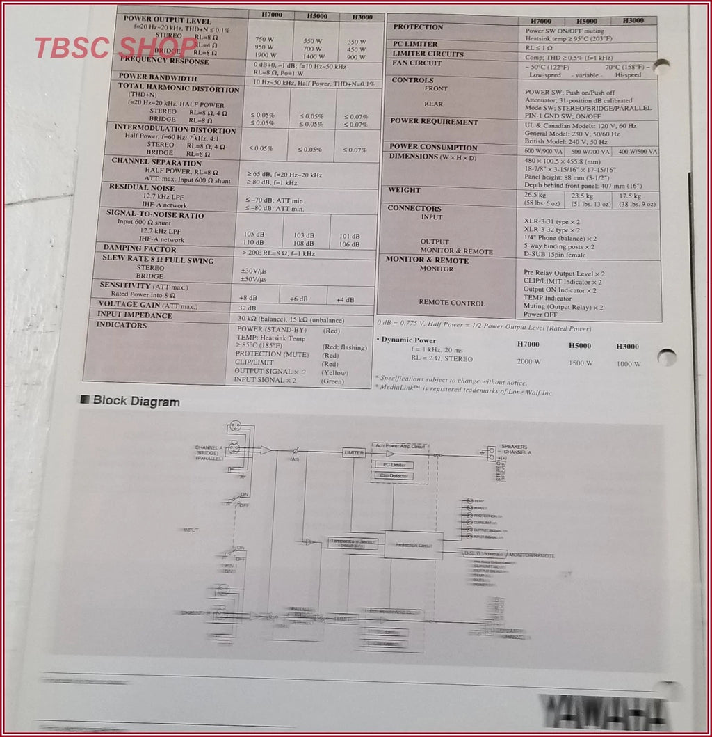 Power Amplifiers for Yamaha H7000 H5000 H3000 (Original Dealer Sales Brochure)