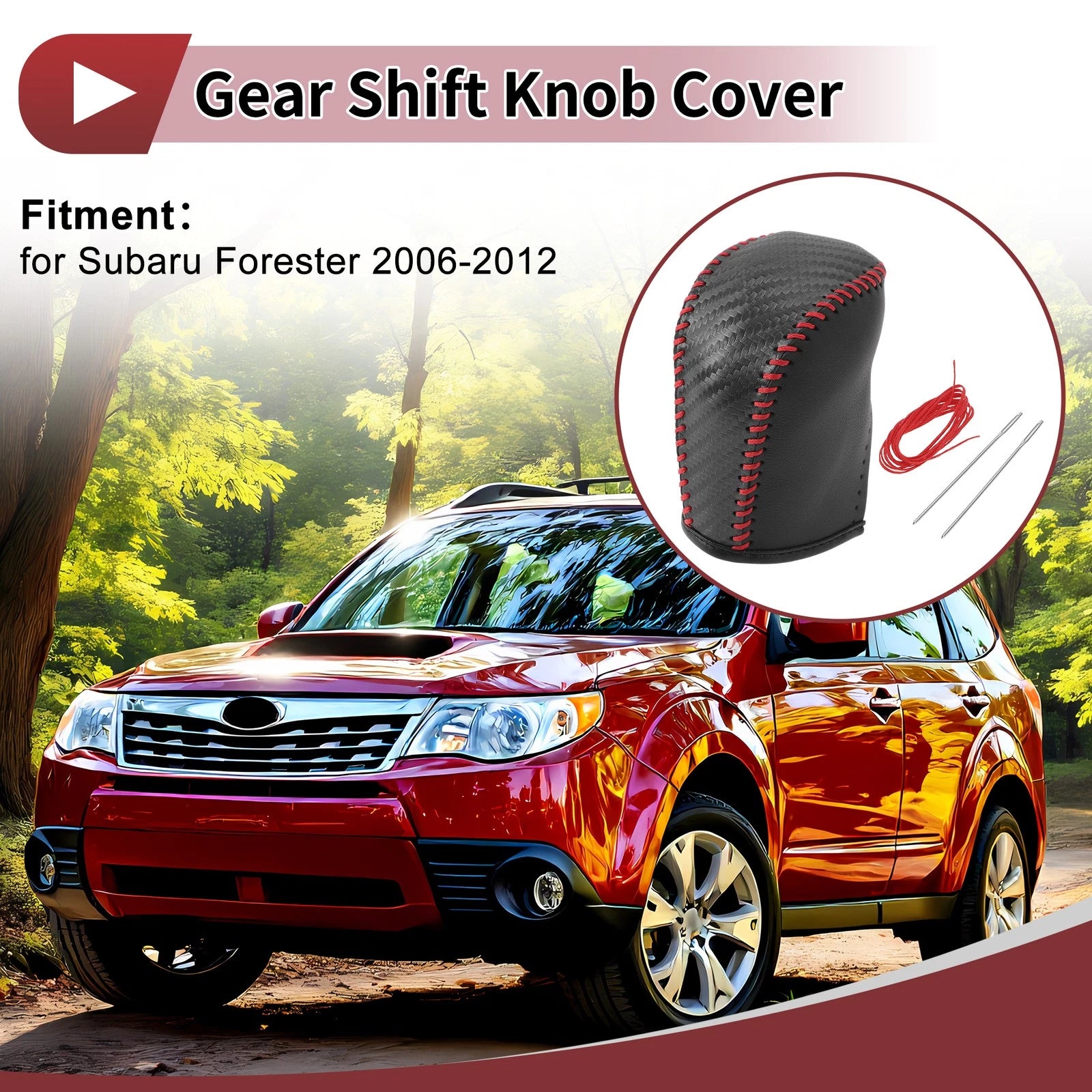 Gear Shift Knob Cover for Subaru Forester (2006–2012) Black Red Faux Leather
