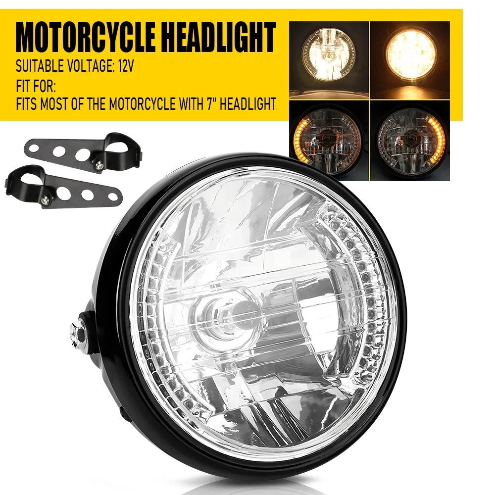 7" Motorcycle Headlight with Amber LED Turn Signal Indicator & Bracket