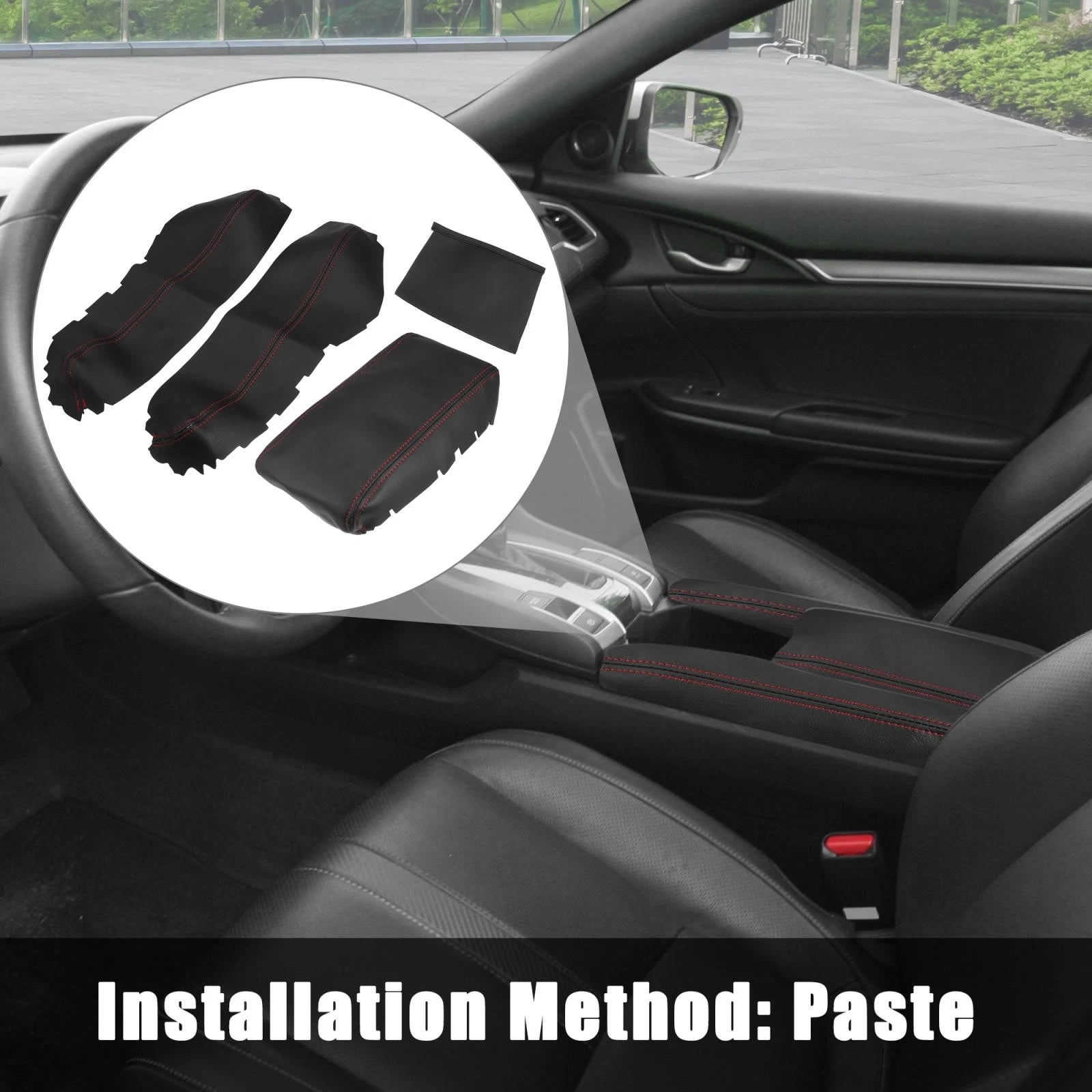Set of 3 Armrest Covers for Honda Civic (2016–2020) Black Red Line
