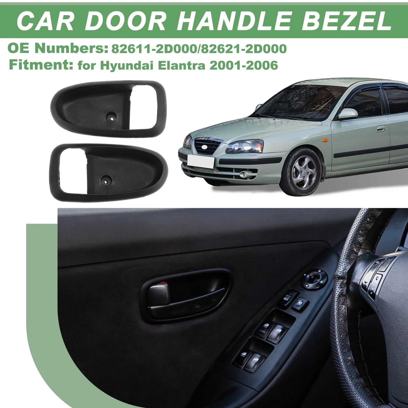 Set of 2 Front Rear Interior Door Handle Trim Bezel for Hyundai Elantra (2001–2006) Black
