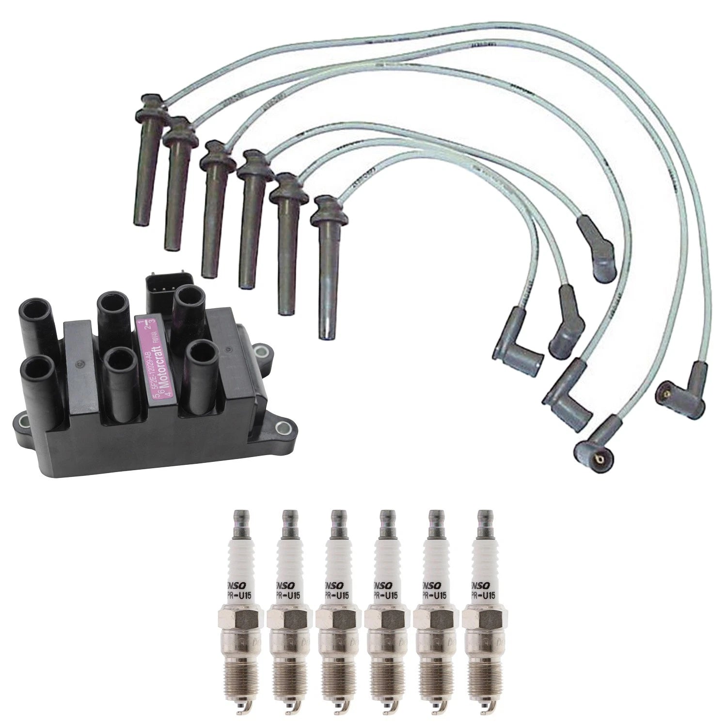 Ignition Coil & Denso 6 U-Groove Spark Plug Wire Set for Taurus V6 (1996–1999)
