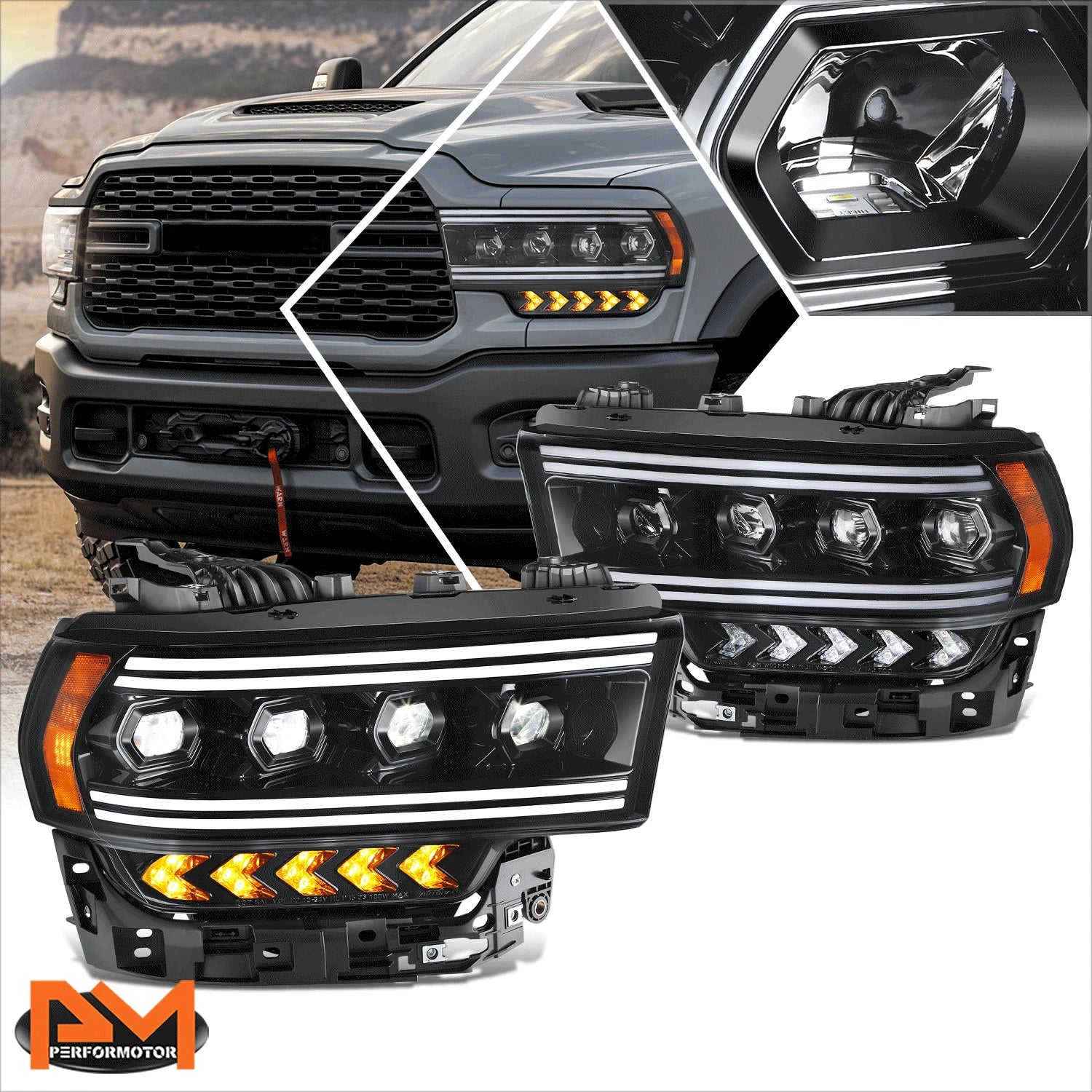 LED DRL Sequential Chasing Signal Projector Headlights for Ram 2500-5500 (2019–2024)