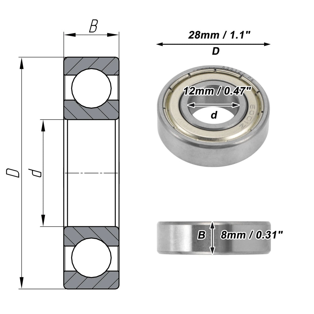 6001ZZ Deep Groove Ball Bearings for Scooter Skateboard Wheel (12x28x8mm)