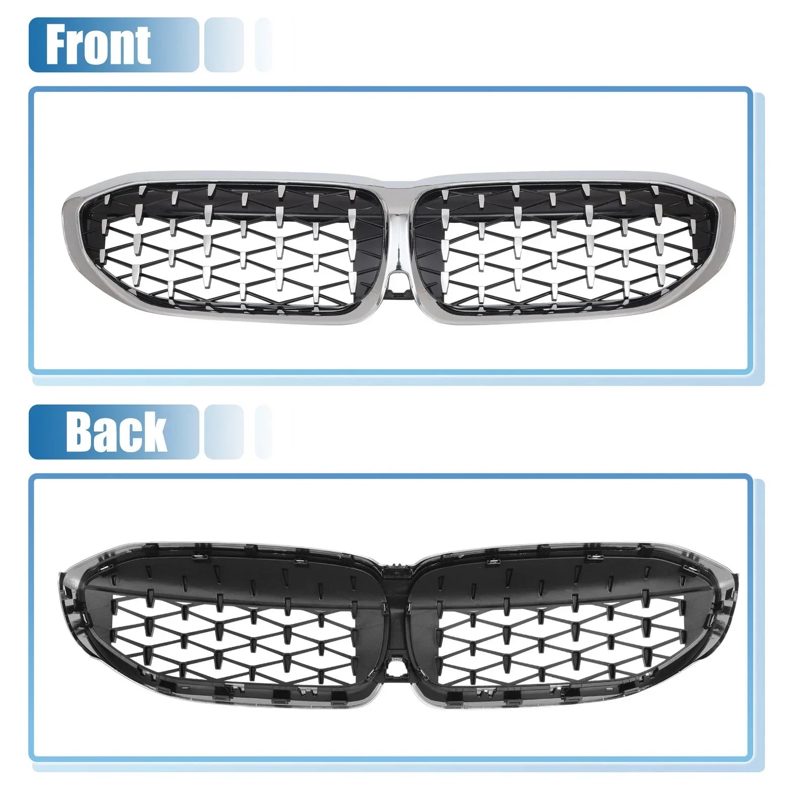 Front Hood Bumper Grille for BMW 330i 330e M340i Diamond Star Silver Tone
