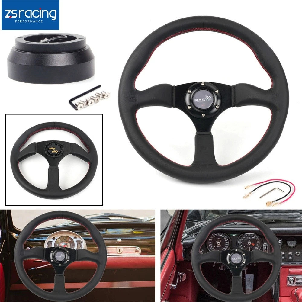 Genuine Leather Steering Wheel with Horn + Hub Adapter for Dodge Chevy GM
