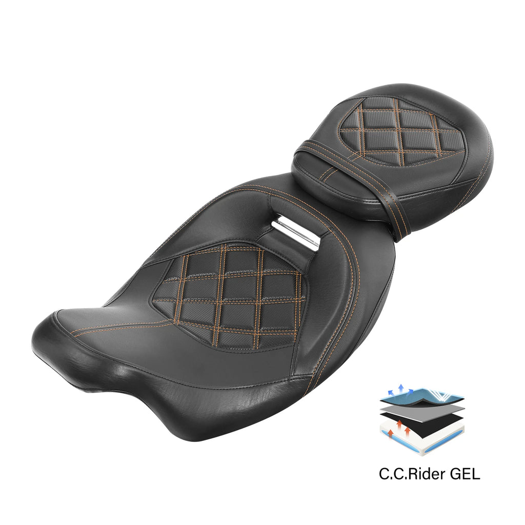 2X Gel Seat for Harley Touring (2009–2023) - Driver Passenger, Orange Stitching
