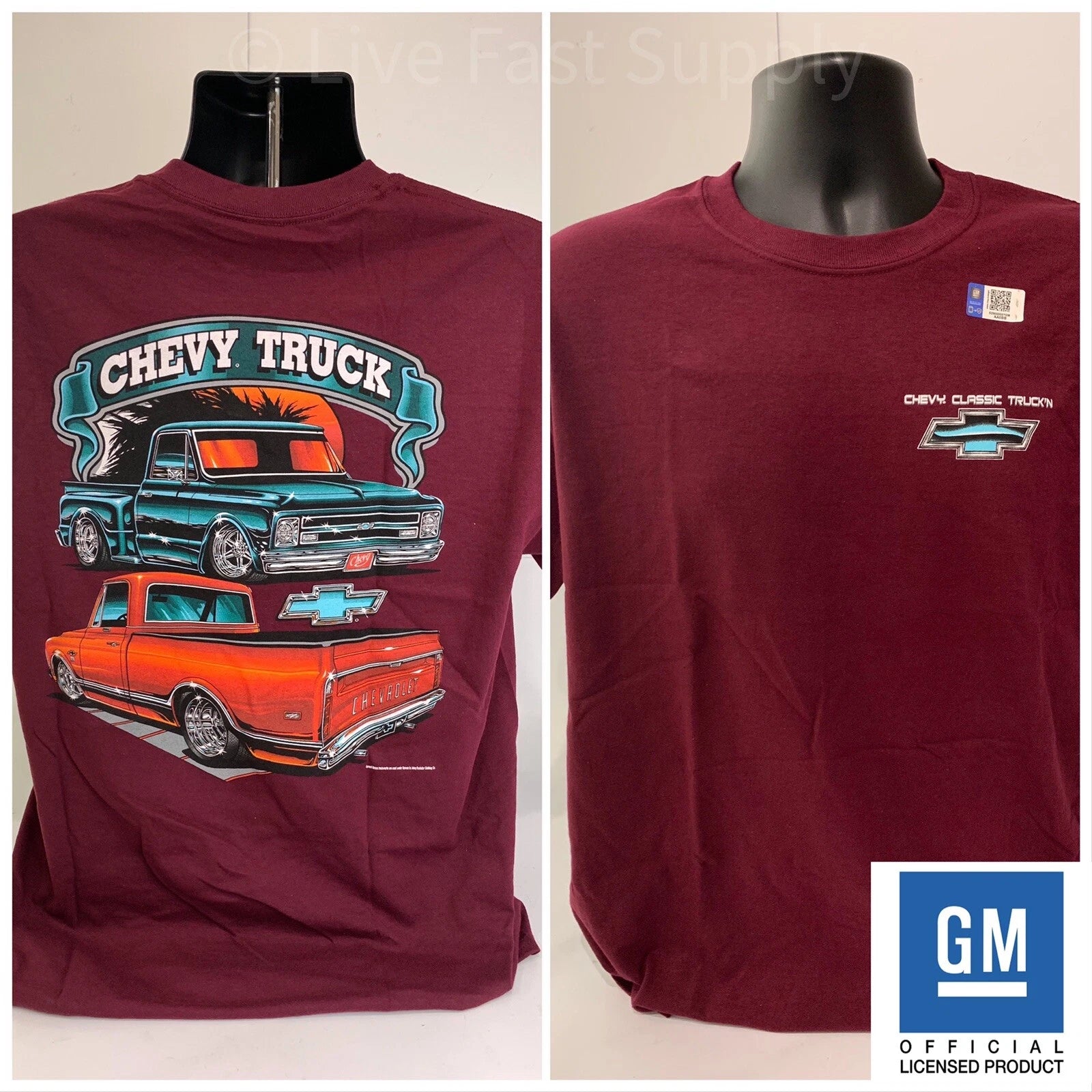 Licensed 1967–1972 Chevy C10 Pickup Maroon T Shirt w Trucks Front Print