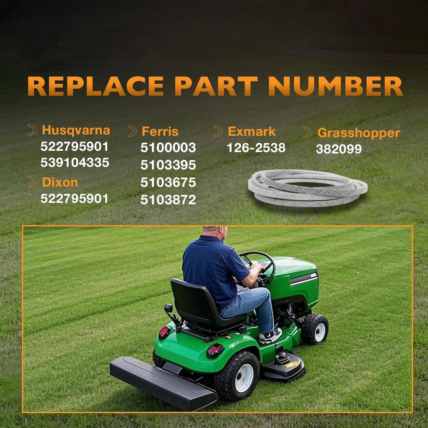 Mower Deck Belt 163 1/2" x 5/8" for Husqvarna Dixon 52" Cut (522795901, 539104335)