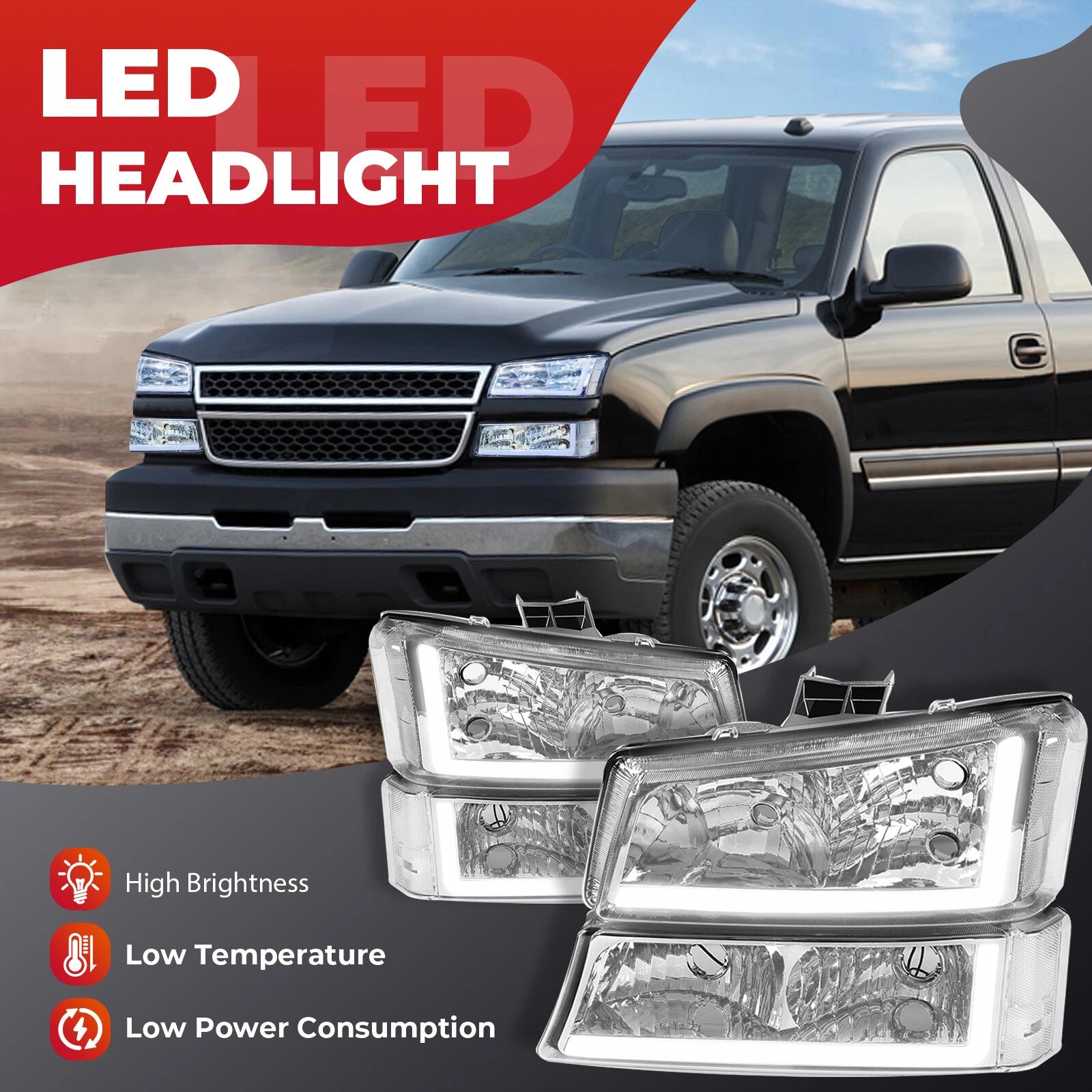 LED DRL Headlight Bumper Lamps for Chevy Silverado Avalanche 1500-3500 (2003–2007)