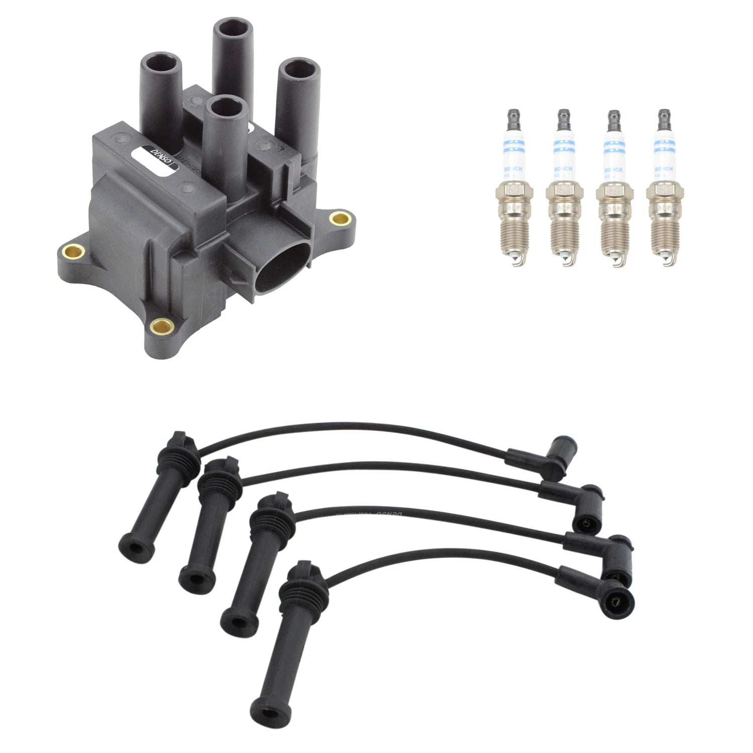 Denso Ignition Coil Wires & 4 Bosch Platinum Spark Plugs for Mazda B2300 (1994–2000)