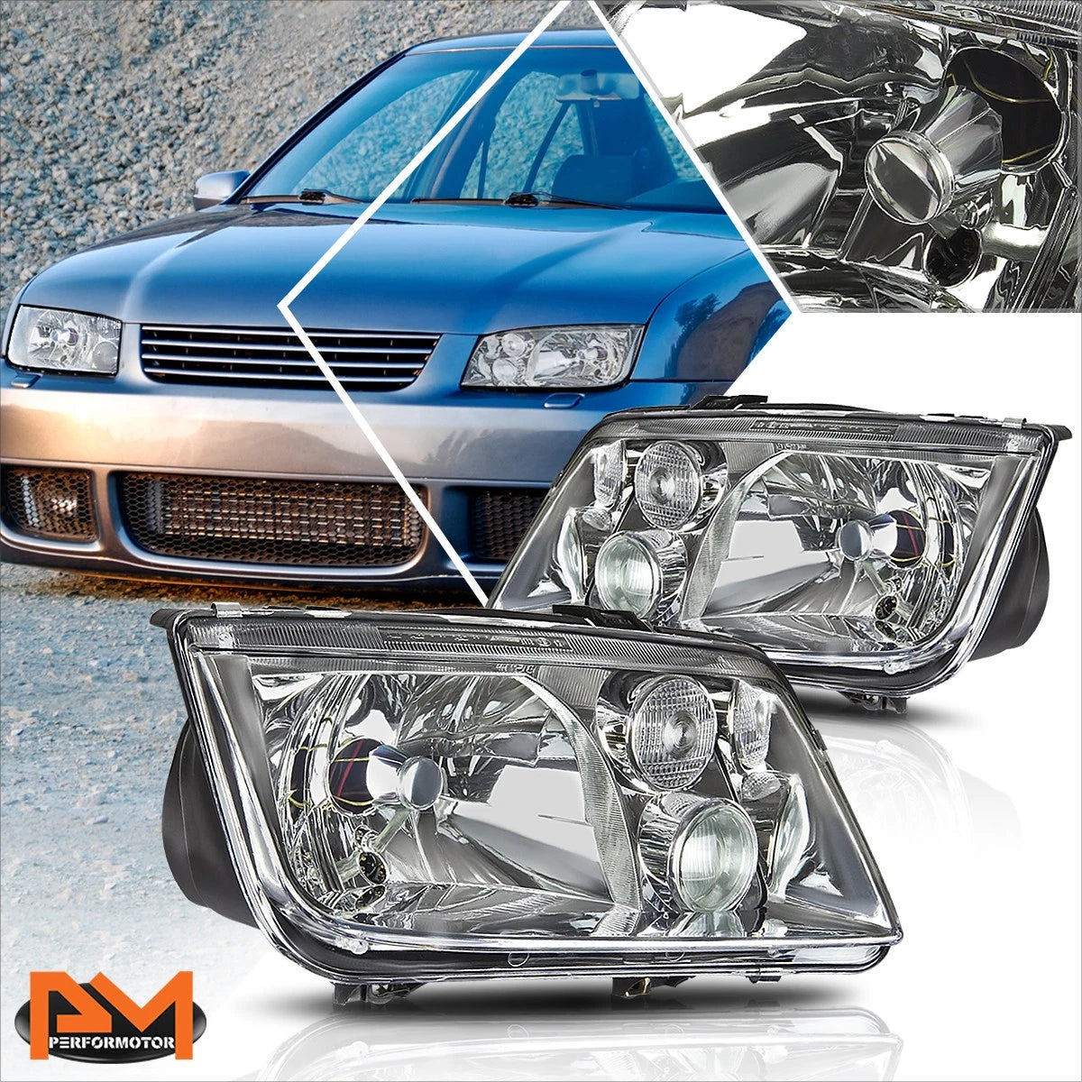 Chrome Housing Euro-Spec E-Code Headlamp w/Fog Lamp for VW Jetta MK4 (1999–2005)