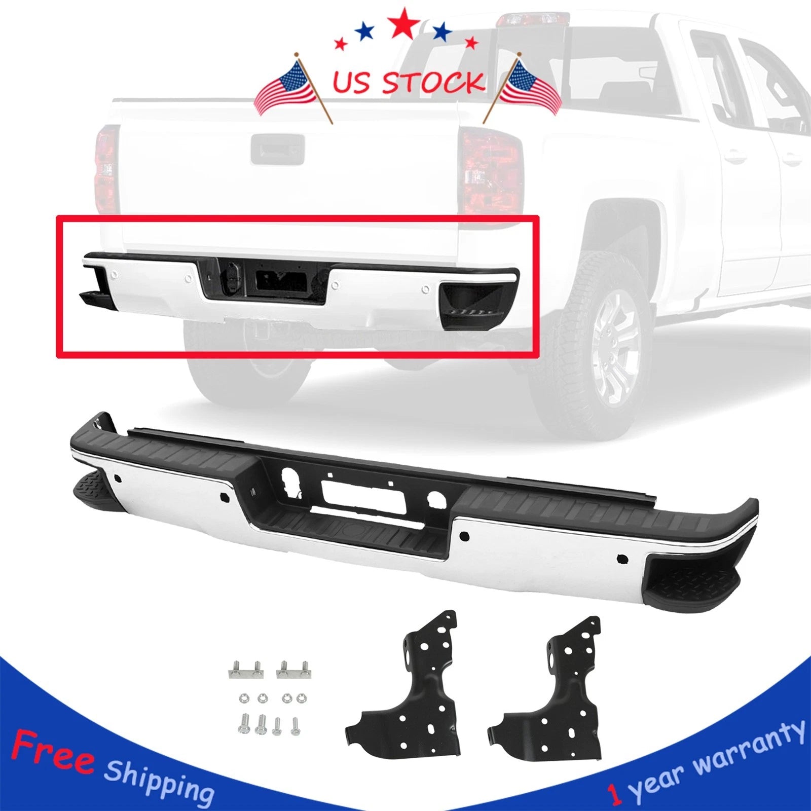 Chrome Rear Bumper for Chevy Silverado GMC Sierra 1500 (2014–2018)