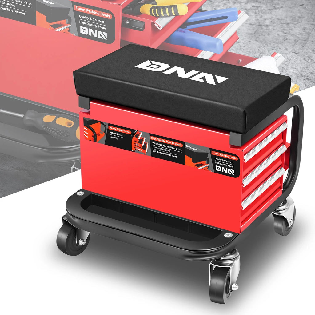 3-Drawer Roller Seat Stool with Tool Tray for Garage Mechanics
