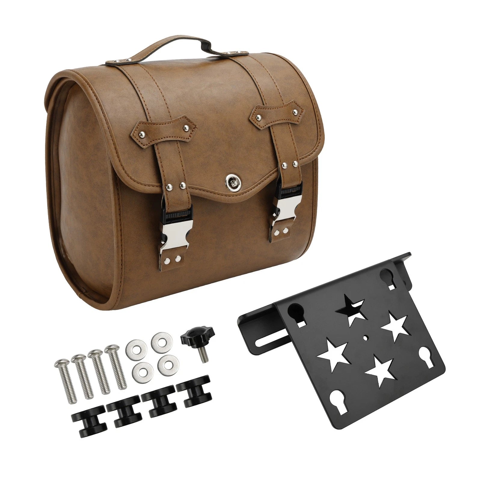 Saddlebag & Bracket Kit for Universal Motorcycles (Quick Release, Brown)