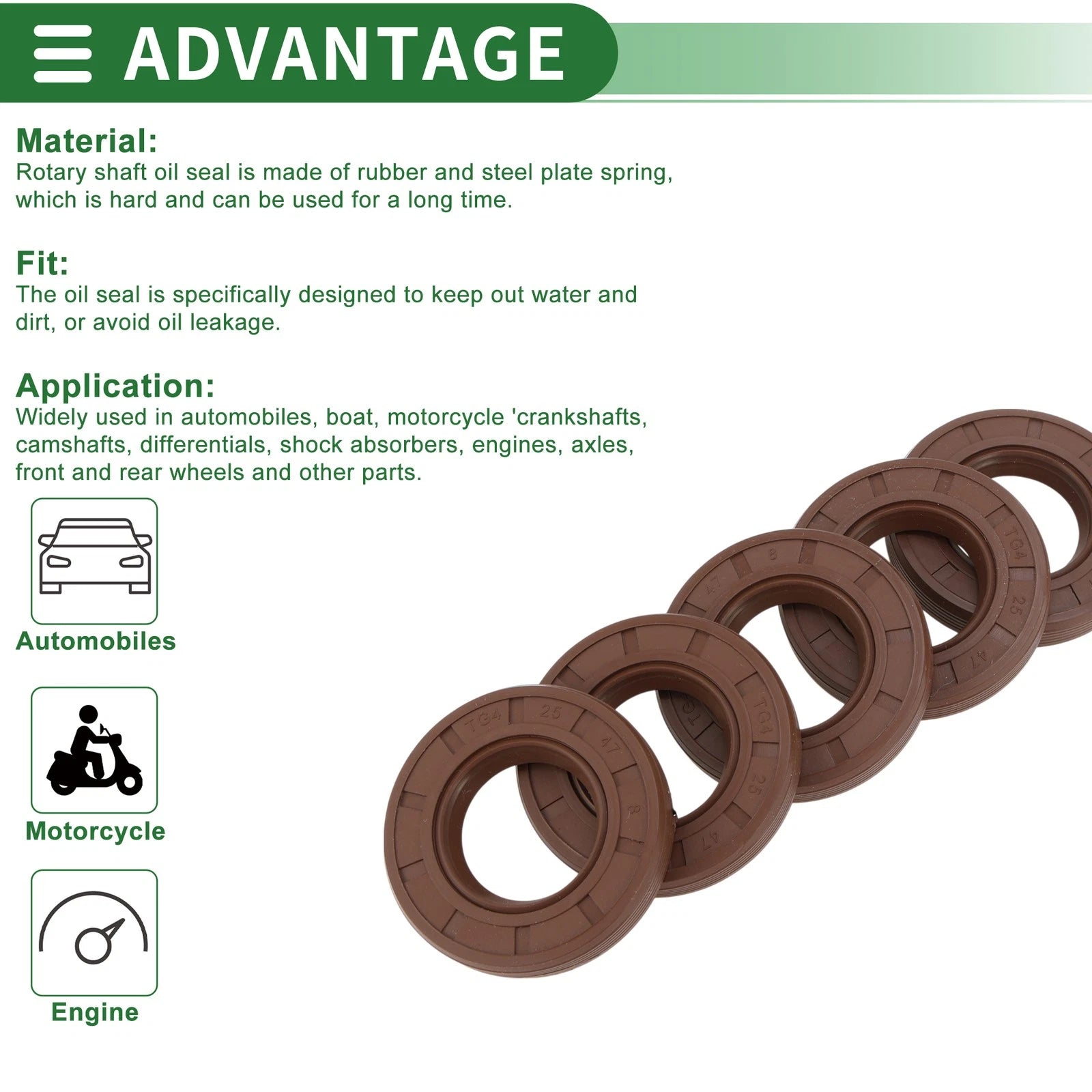 Set of 5 Oil Seal FKM Rubber 25x47x8mm for High Pressure Applications