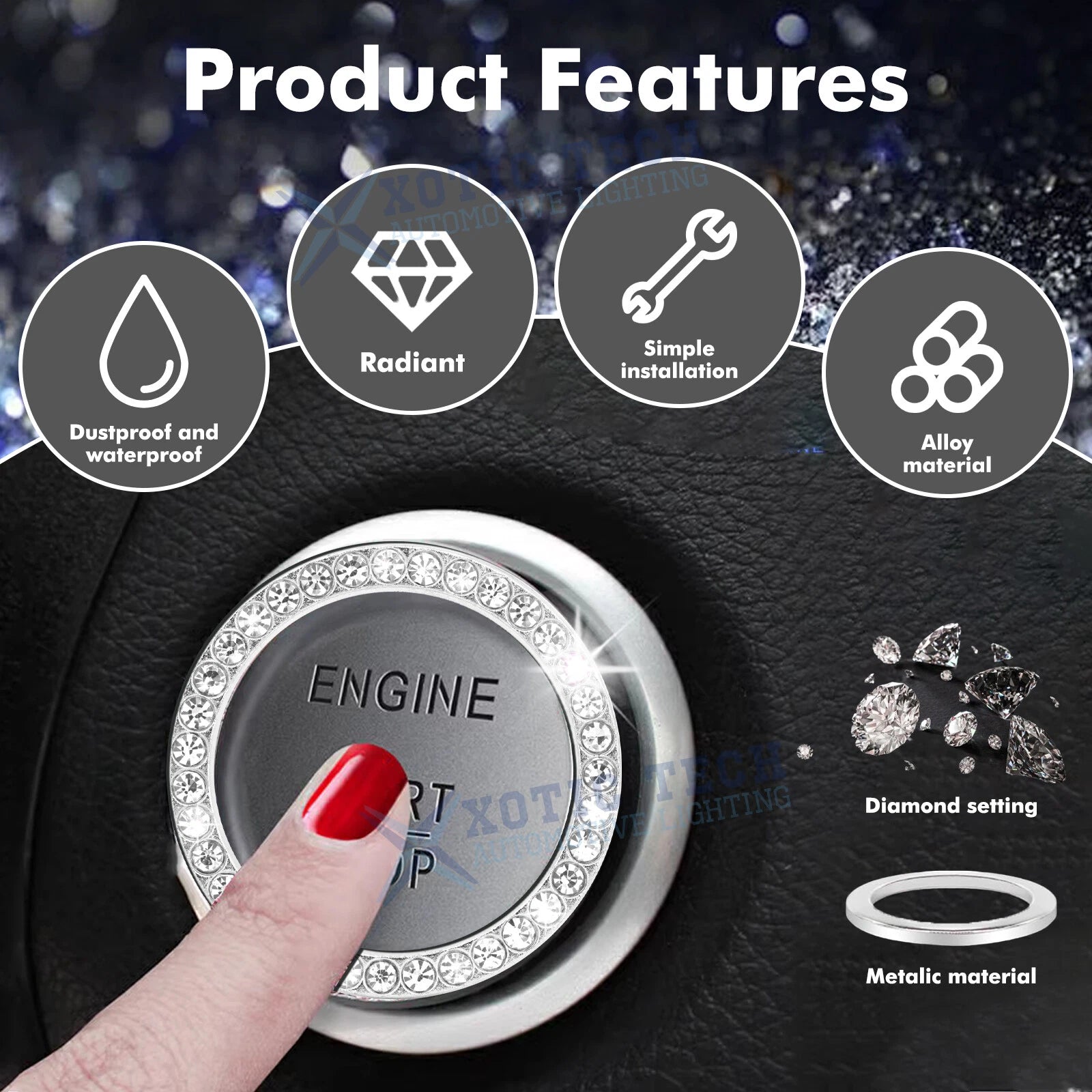 Crystal White Rhinestone Engine Start Stop Push Button Ring Cover for 2024-2024