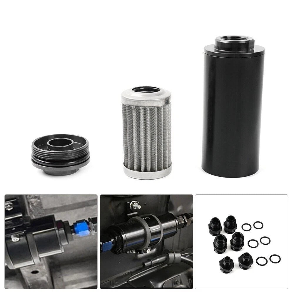 Inline Fuel Filter 50mm 100 Micron High Flow Turbo 6AN 8AN 10AN Adapter for