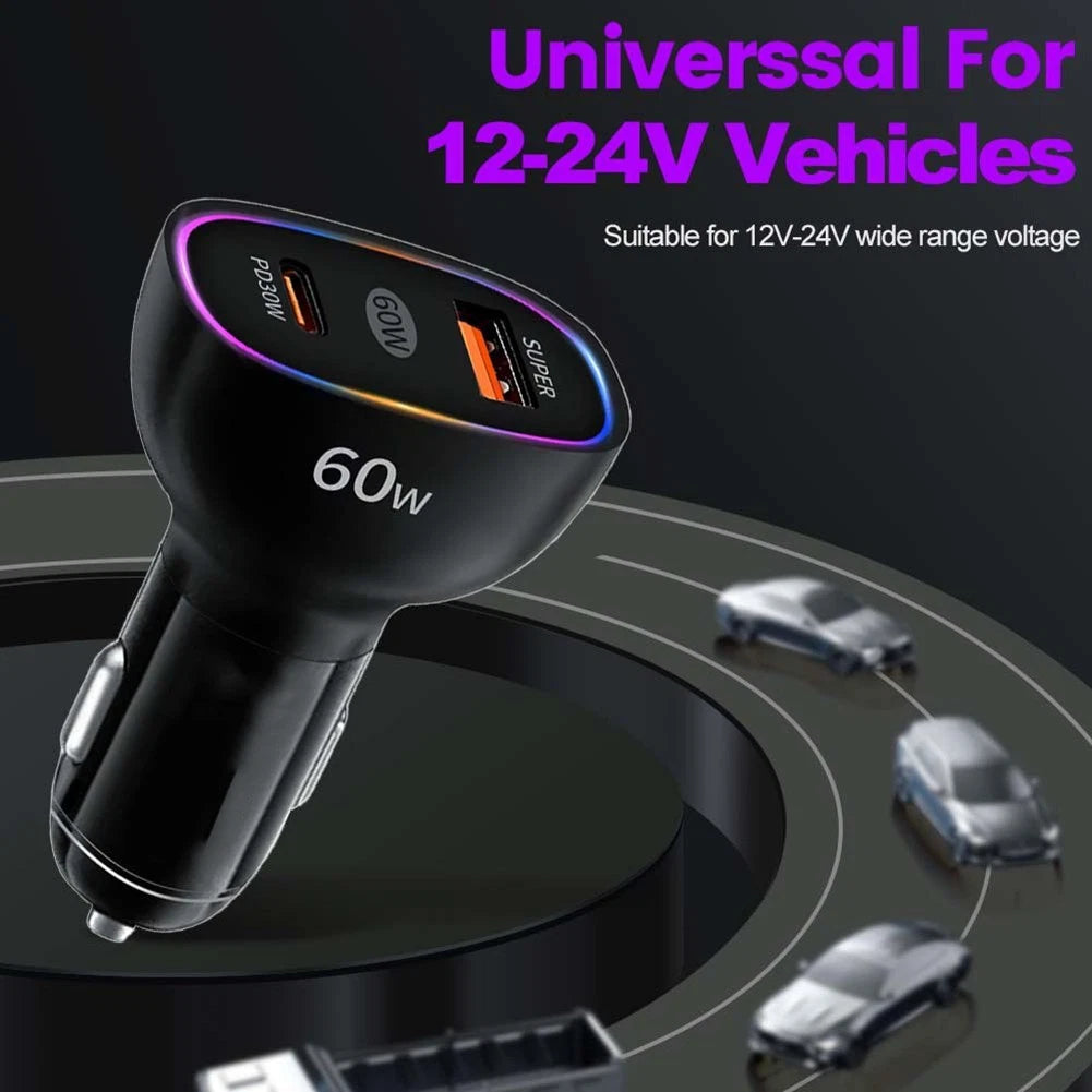 60W Dual PD Car Charger for QC3.0 Fast Charging (Universal)
