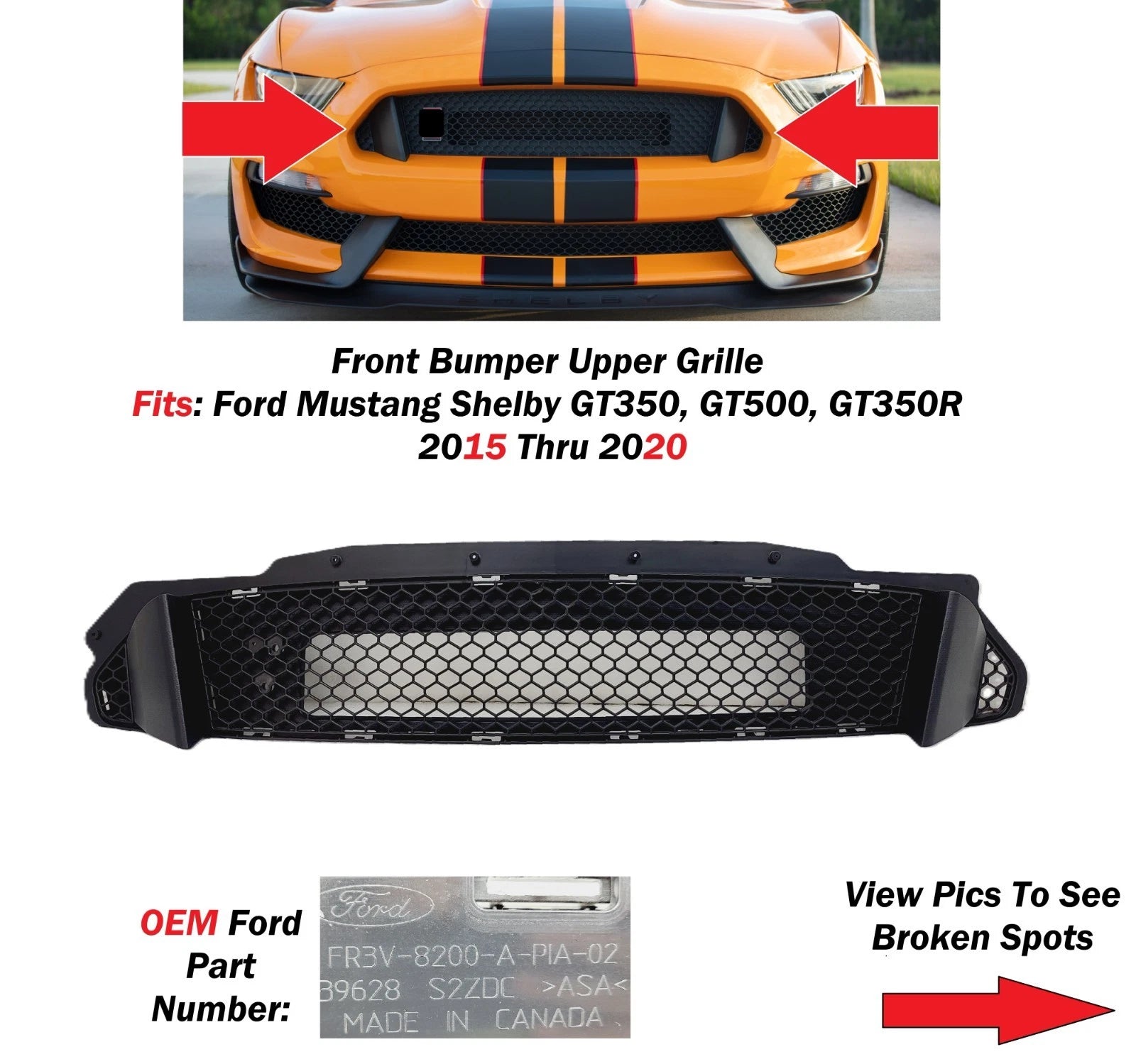 Front Bumper Upper Grille for Ford Mustang Shelby (2015–2020) FR3Z8200AB