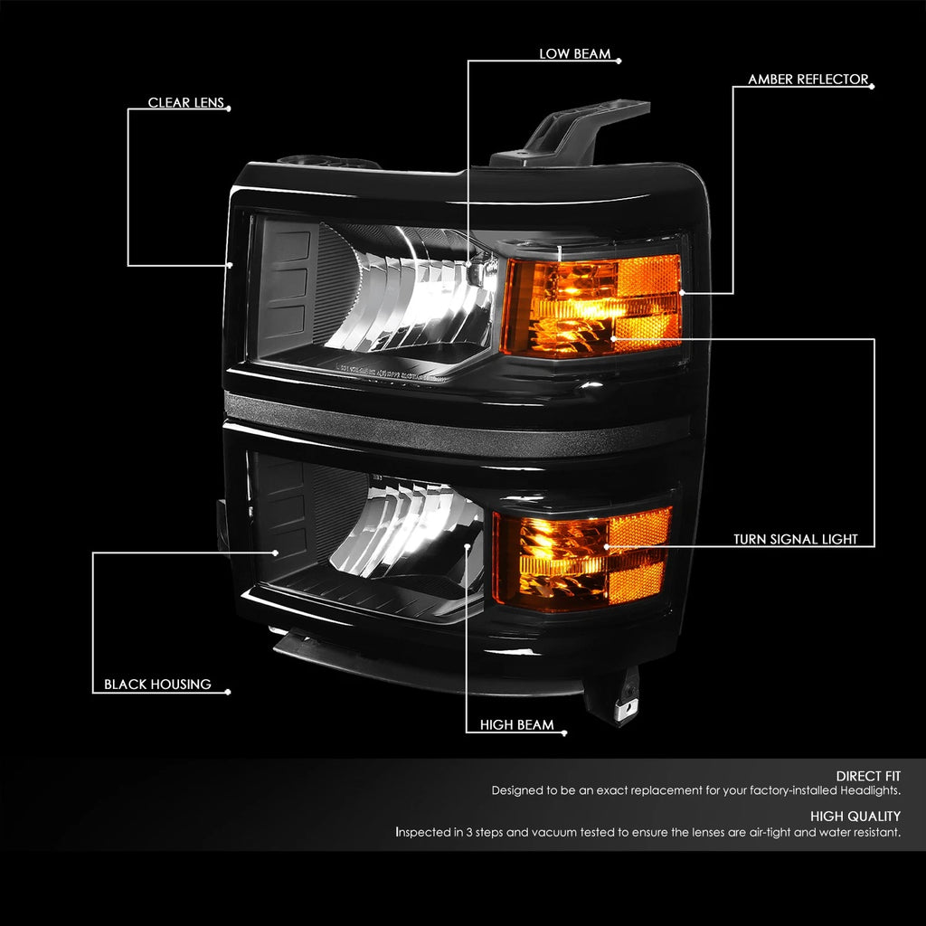 Pair of Black Housing Amber Side Headlights for Chevy Silverado (2014–2015)