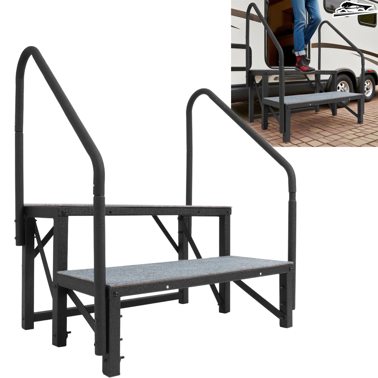 2 Step RV Steps with Handrails for Trailers (660 lbs Load Capacity)