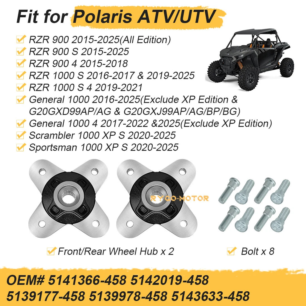 2 Front/Rear Wheel Hubs w/Bolt for Polaris RZR S 1000/S4 1000 (2016–2017, 2019–2025)