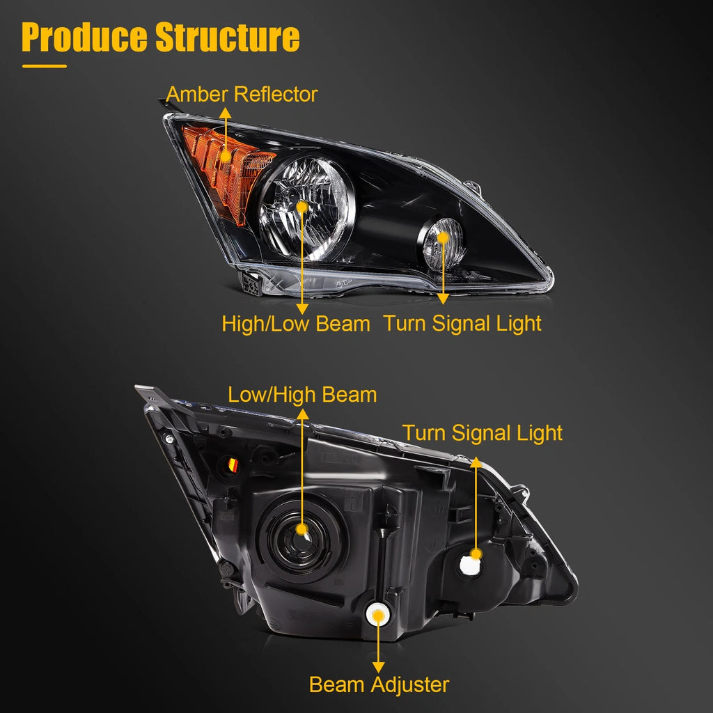 Set of 2 Halogen Headlights for Honda CR-V (2007–2011) Black Amber