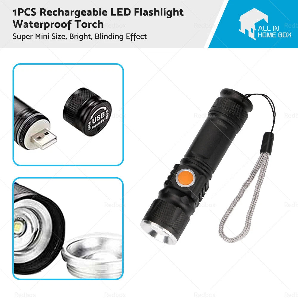 LED Flashlight Waterproof Torch - Black USB Rechargeable