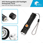 LED Flashlight Waterproof Torch - Black USB Rechargeable