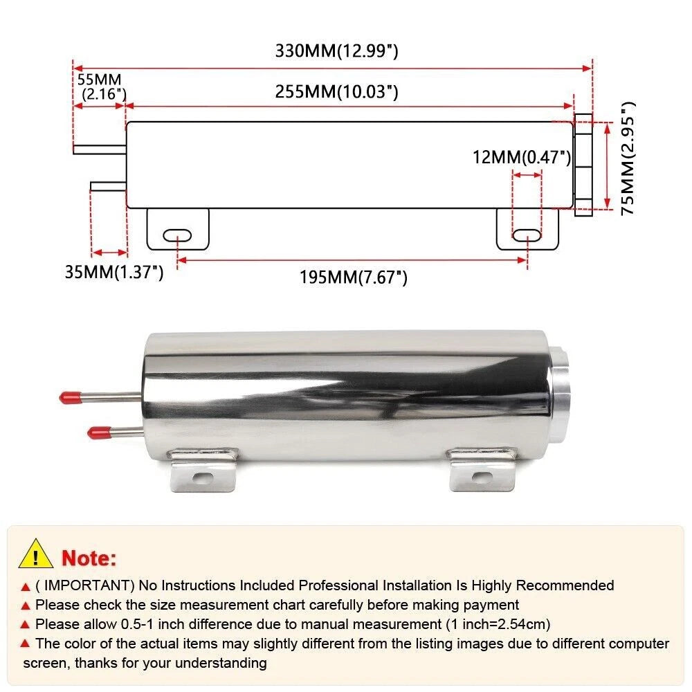3" x 10" Polished Stainless Steel Radiator Coolant Overflow Tank