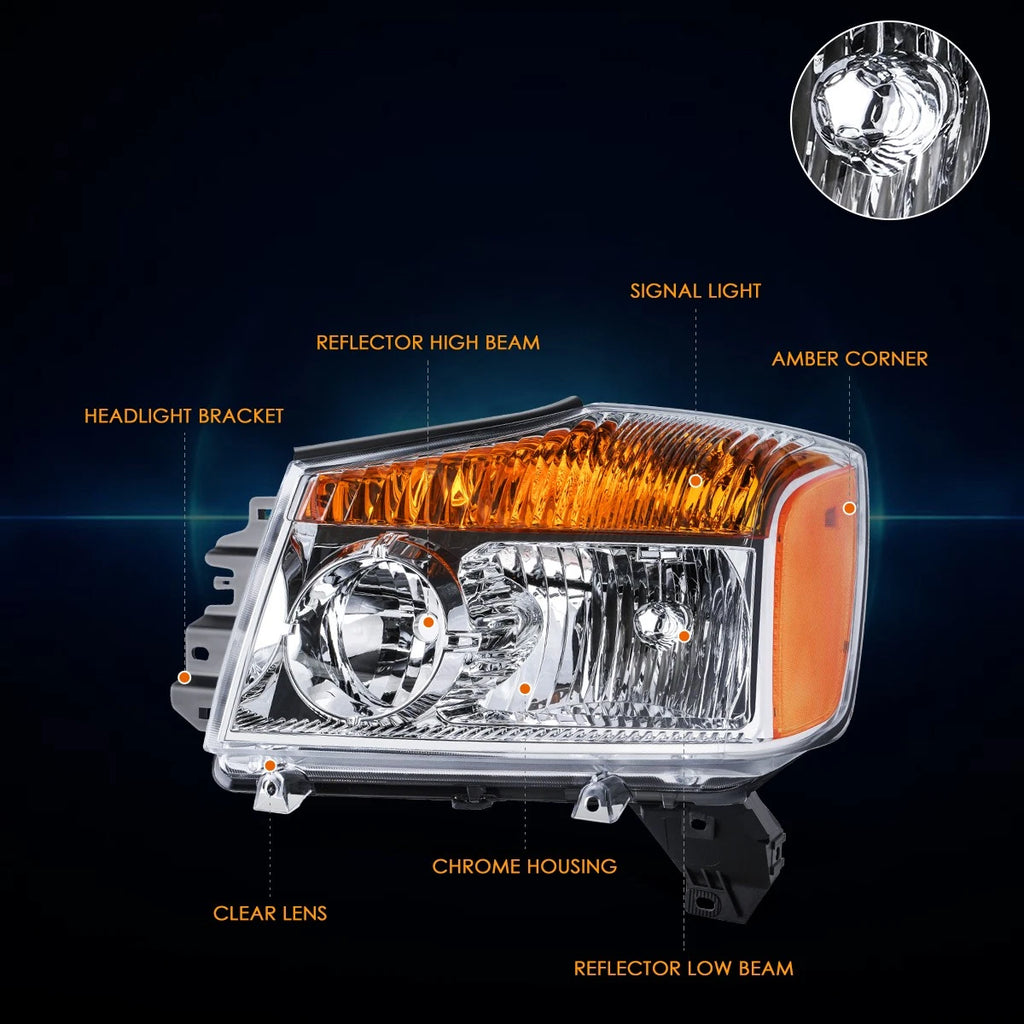 Driver Side Headlight Lamp for Nissan Titan (2008–2015) Chrome/Amber