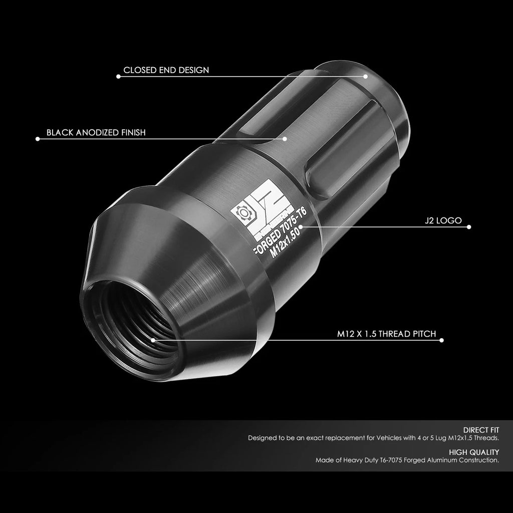 Set of 20 J2 Aluminum Black M12 X1.5 Closed End Lug Nuts 24mm OD/50mm Height