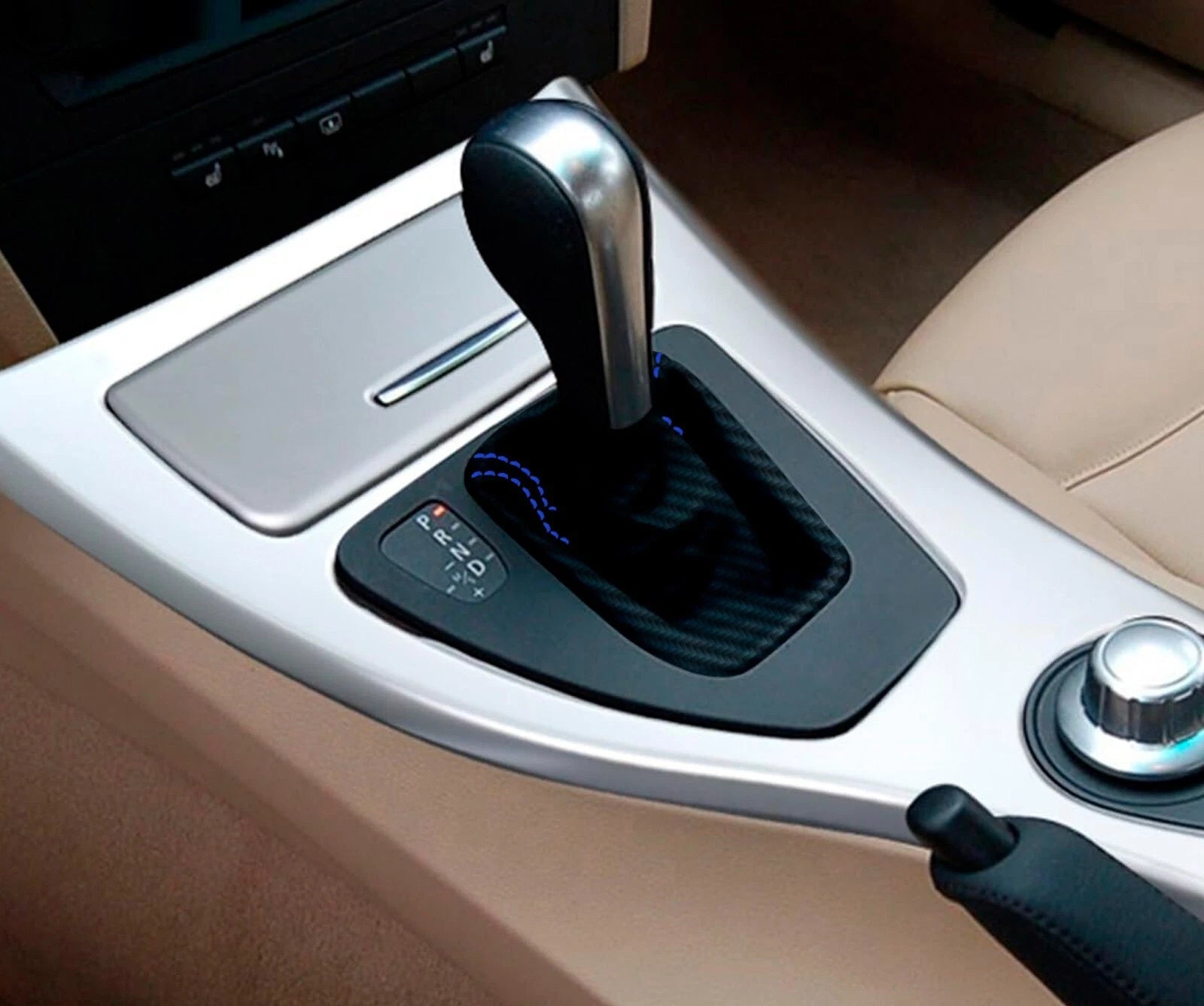 Automatic Shift Boot Cover for BMW E90 (2005–2013) Carbon Fiber Blue Stitch