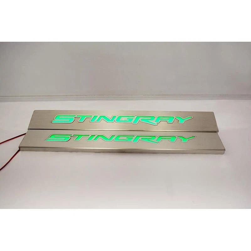 Brushed Replacement Door Sill Kit w/Green LED&Stingray Logo for 2014-19 Corvette