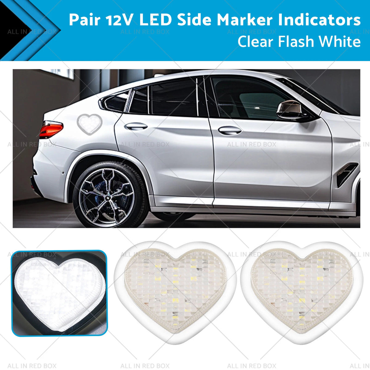 Heart LED Side Marker Indicators for 12V Vehicles (Clear, Amber)