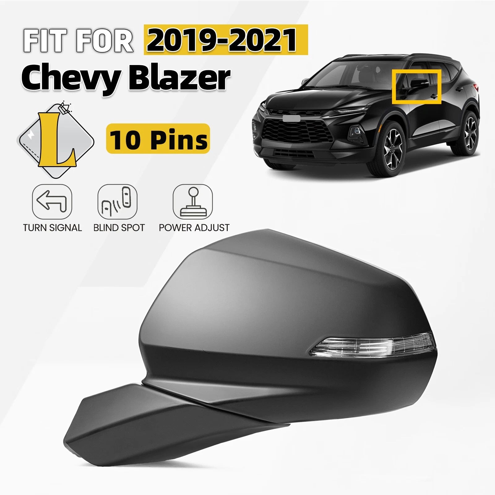 LH Driver Side Mirror for Chevy Blazer (2019–2021) w/ BSD, Signal, Heated, 10 Pins