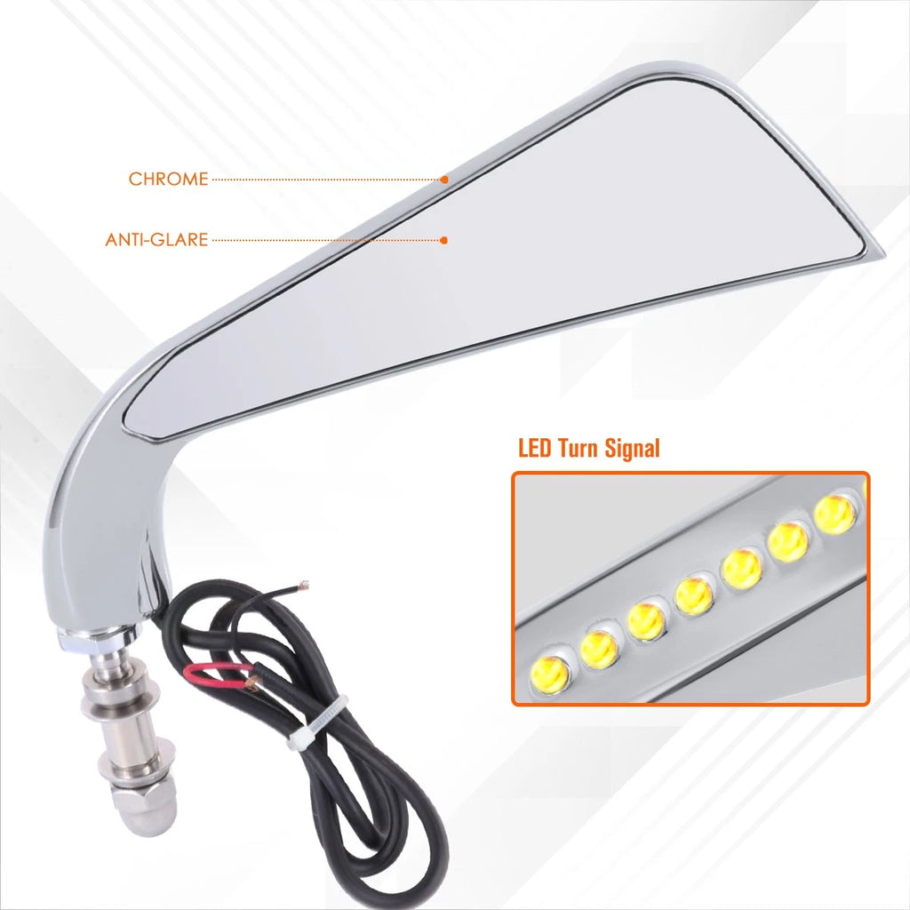 Universal Axe Side Mirrors with LED Turn Signal Light Chrome for Naked Bike Cruiser