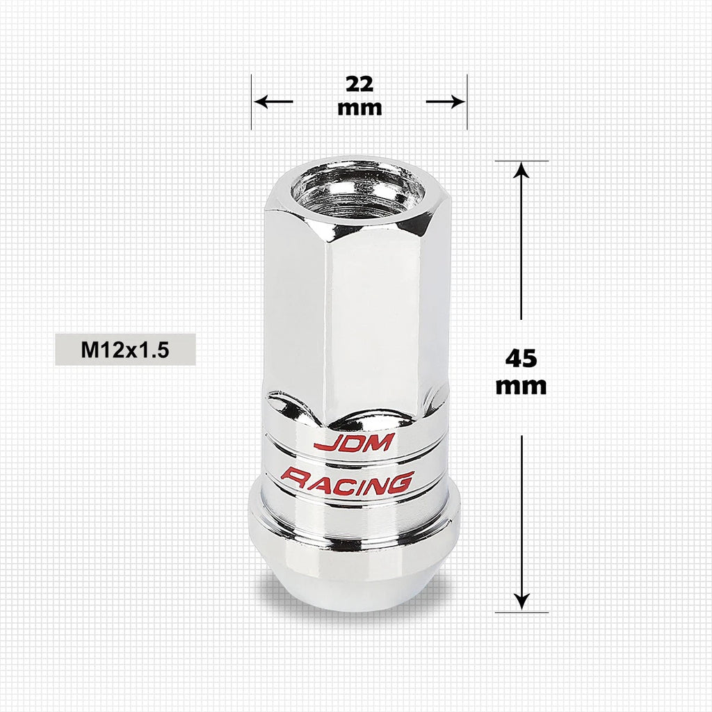 Set of 20 M12X1.5 Chrome JDM Open End Lug Nuts with Spline Locks & Key