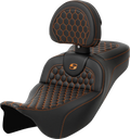 SADDLEMEN RoadSofa Seat for Motorcycle (with Backrest, Honeycomb, Orange Stitch)